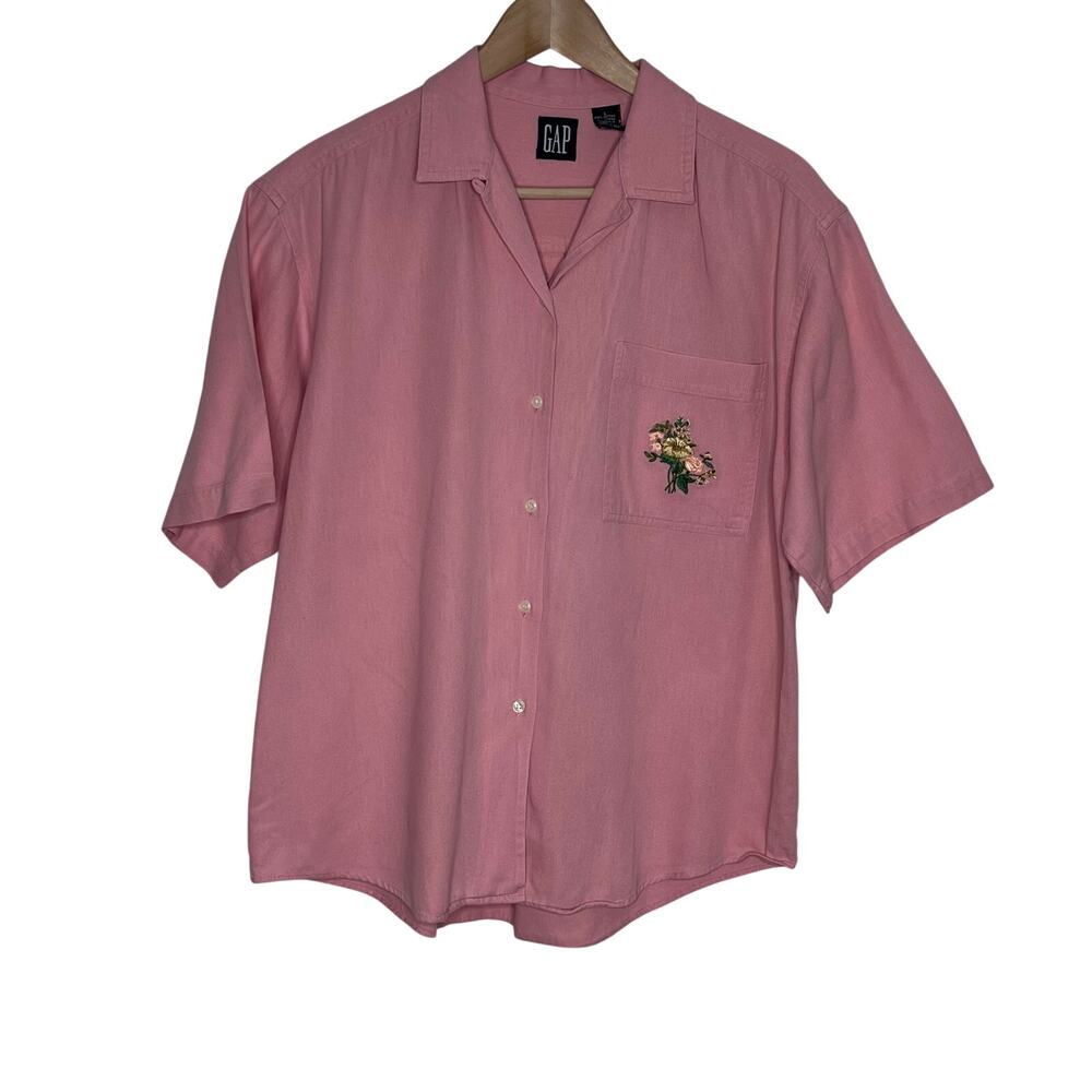 Vintage GAP Pink Floral Embroidered Short Sleeve Button Front Shirt Women’s L
